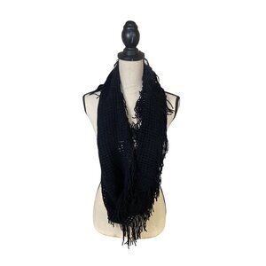 Vintage Womens Rectangle Infinity Scarf Black Crochet Fringe Goth Boho